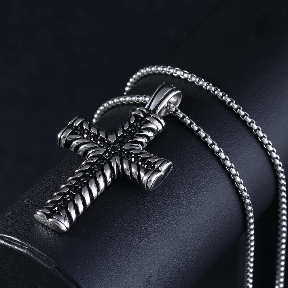 COPY - COPY - Silver Cross Necklace Black Crystals 925 Sterling Silver Titanium…